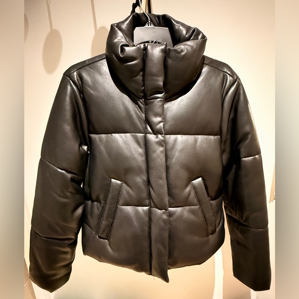 Abercrombie & Fitch Women's Vegan Leather Black Puffer Jacket